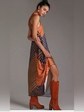 FARM Rio Sleeveless Chevron-Panel Maxi Dress in Rust and Navy